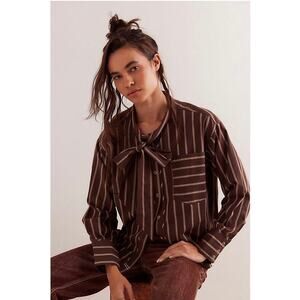 NWT We The Free Tied With A Bow Striped Top Women's Large Chocolate Brown